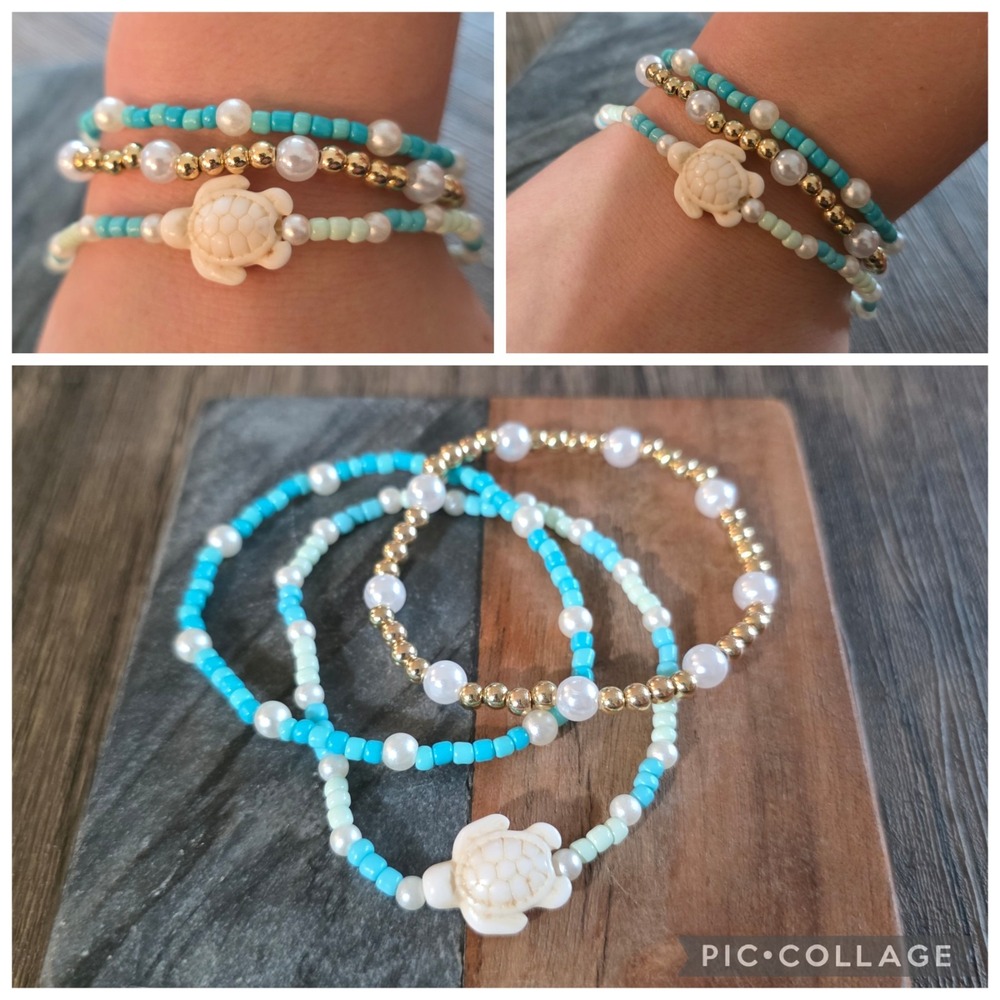 Set of 3 Handmade Beaded Bracelets Anklets Glass Seed Beads Turtle Beach Vibes